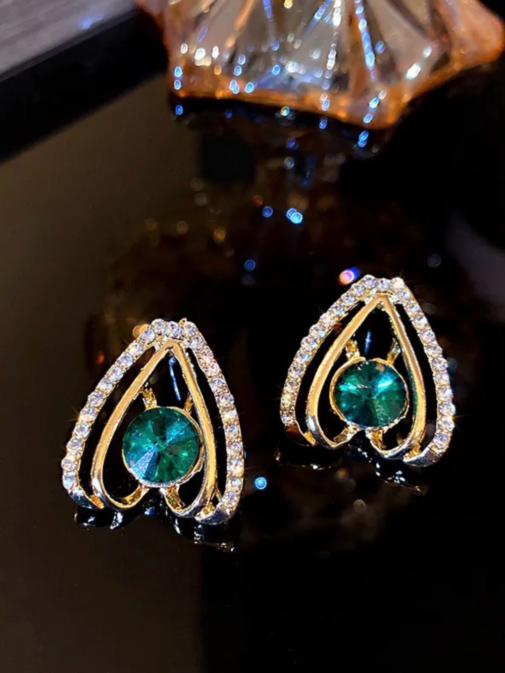 18k Gold plated Teardrop Stud Earrings with Emerald Green gemstone Earrings